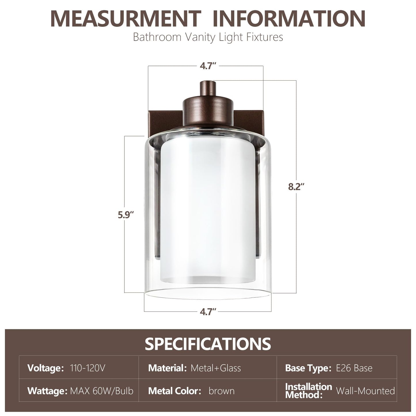 Eidonta Bath Vanity Light Fixtures, Modern 2 Pack Wall Scone, Oil Rubbed Bronze, Dual Glass Shade, Model Eidonta-2PACK-BVLF