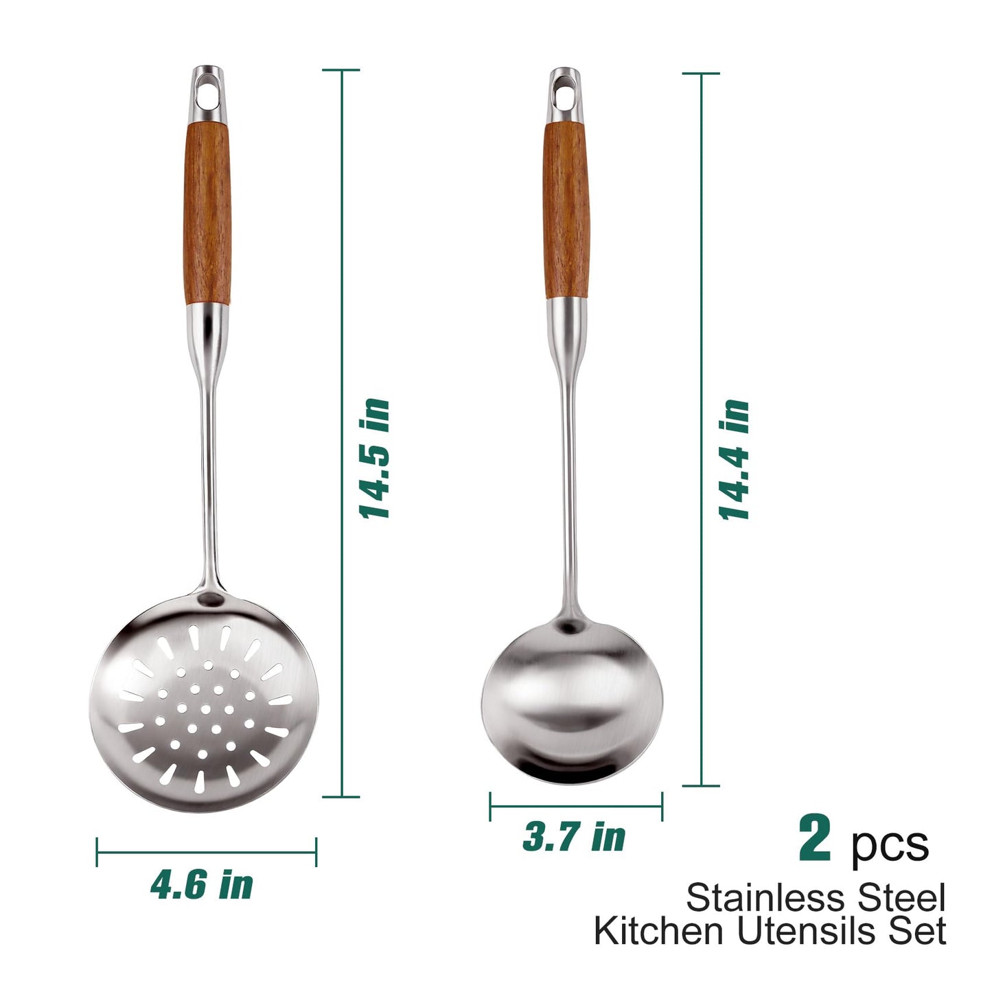 2PCS Soup Ladle Stainless Steel and Slotted Spoon Set, 304 Wok Utensils Set with Wooden Handle, Metal Strainer Spoon for Cast Iron/Carbon Steel Wok