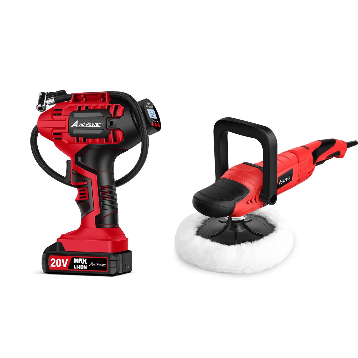AVID POWER Tire Inflator Portable Air Compressor, with 12V DC Adapter and Digital Pressure Gauge, bundle with 1200W Car Polisher, 6 Variable Speed 1000-3500 RPM, Rotary Buffer Waxer Kit