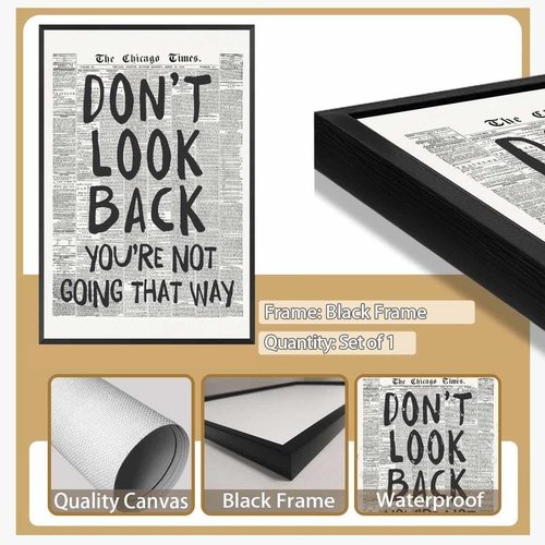 Framed Retro Newspaper Wall Art - Inspirational 'Don't Look Back' Quote | Black and White Canvas Print 8x12