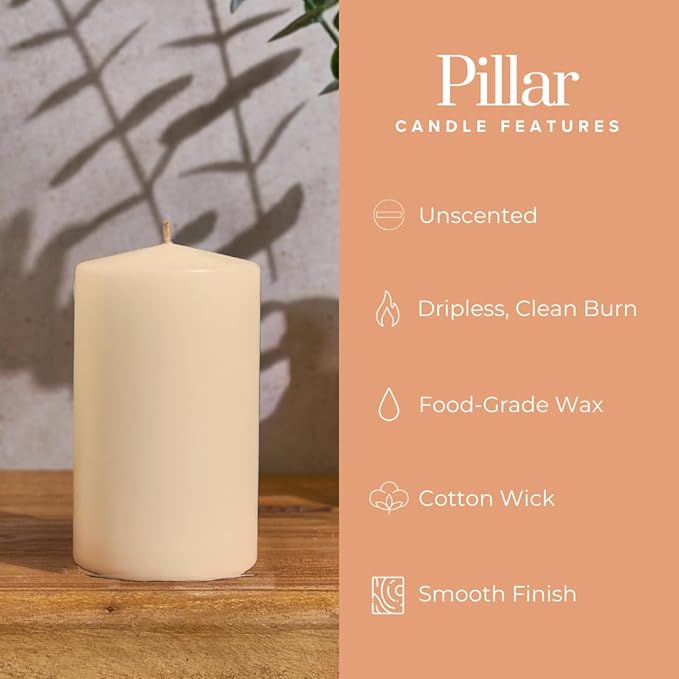 Simply Soson Ivory Pillar Candles - Set of 6, 2.5x4 Inch, Emergency & Tall, Unscented Wax Candles