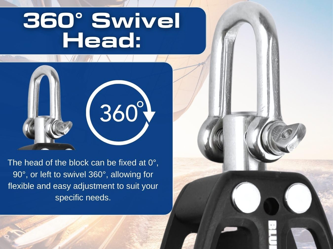 Blue Shark 2250-38mm Single Swivel Block - Max Line: 3/8” (10 mm), Safe Working Load (SWL): 900 lbs, Breaking Load: 2200 lbs (1-Pack)