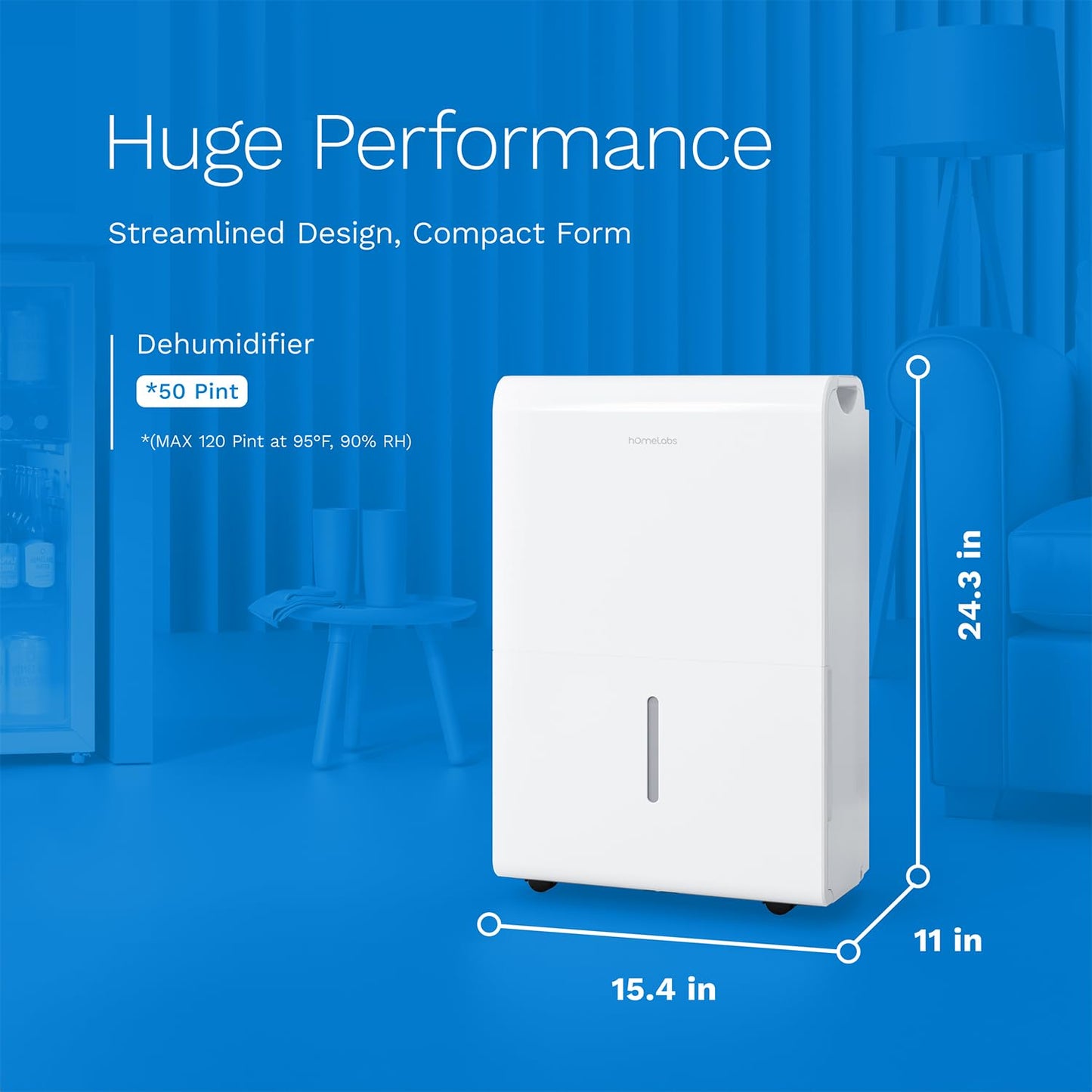 hOmeLabs Dehumidifier 7,000 Sq Ft Wi-Fi (50 Pint MAX 120 Pint at 95°F, 90% RH) for Home, Office, Basements with Powerful Moisture Removal, Humidity Control, Auto Shut-off, Quiet Operation