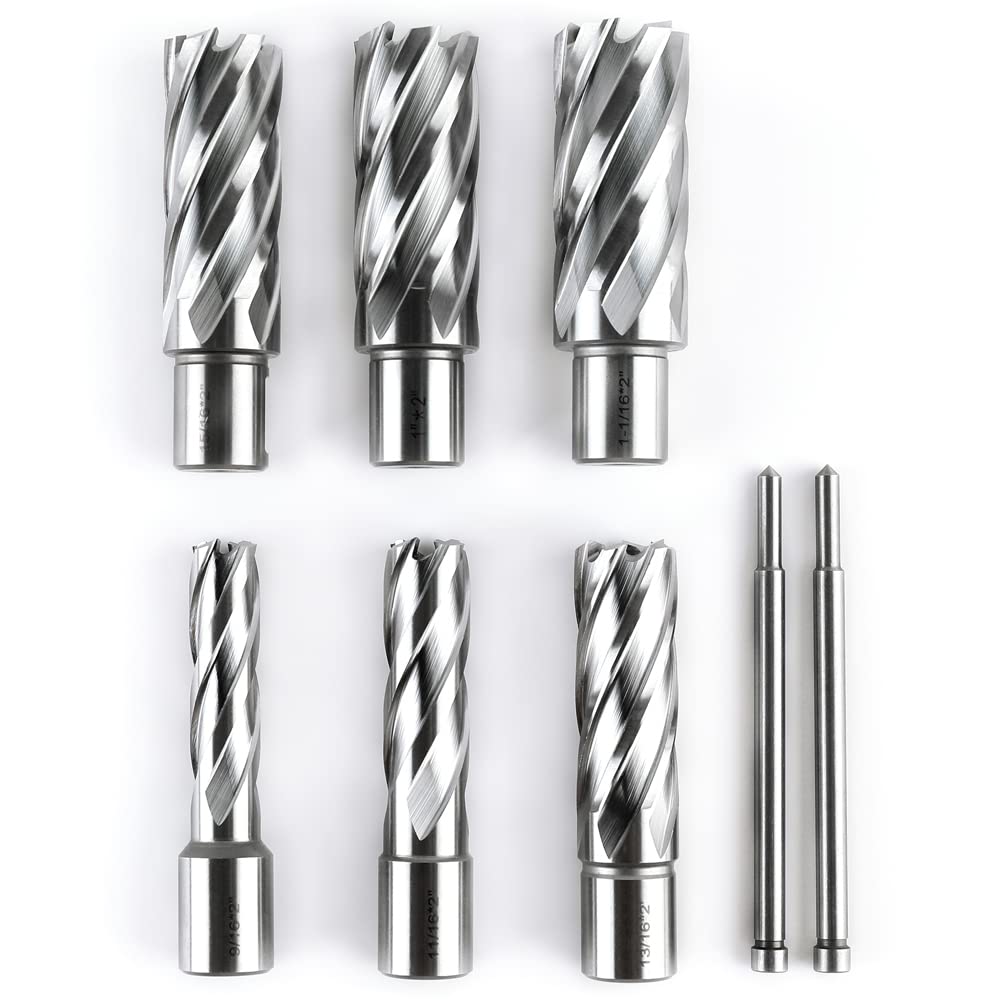 OSCARBIDE Annular Cutter Set 8 Pieces, 3/4" Weldon Shank,2" Cutting Depth,(9/16,11/16,13/16,15/16,1,1-1/16) inch Cutting Diameter,Mag Drill Bits for Magnetic Drill Press with 2pcs Pilot Pins