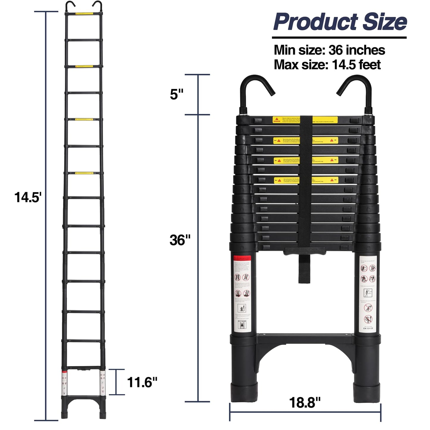 BOCOM 14.5 FT Aluminum Telescoping Ladder with Hooks, Lightweight Multi-Purpose Collapsible Extension with 2 Triangle Stabilizers, Heavy Duty 330 lbs Max Capacity for Home, RV, and Outdoor Work Black
