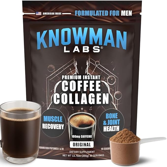 Premium Collagen for Men, Infused with Instant Coffee, Bone, Joint & Muscle Formula, Recovery, 100mg Caffeine, Non GMO, Dairy Free, Sugar Free, Keto & Paleo Friendly / 30 Srvg