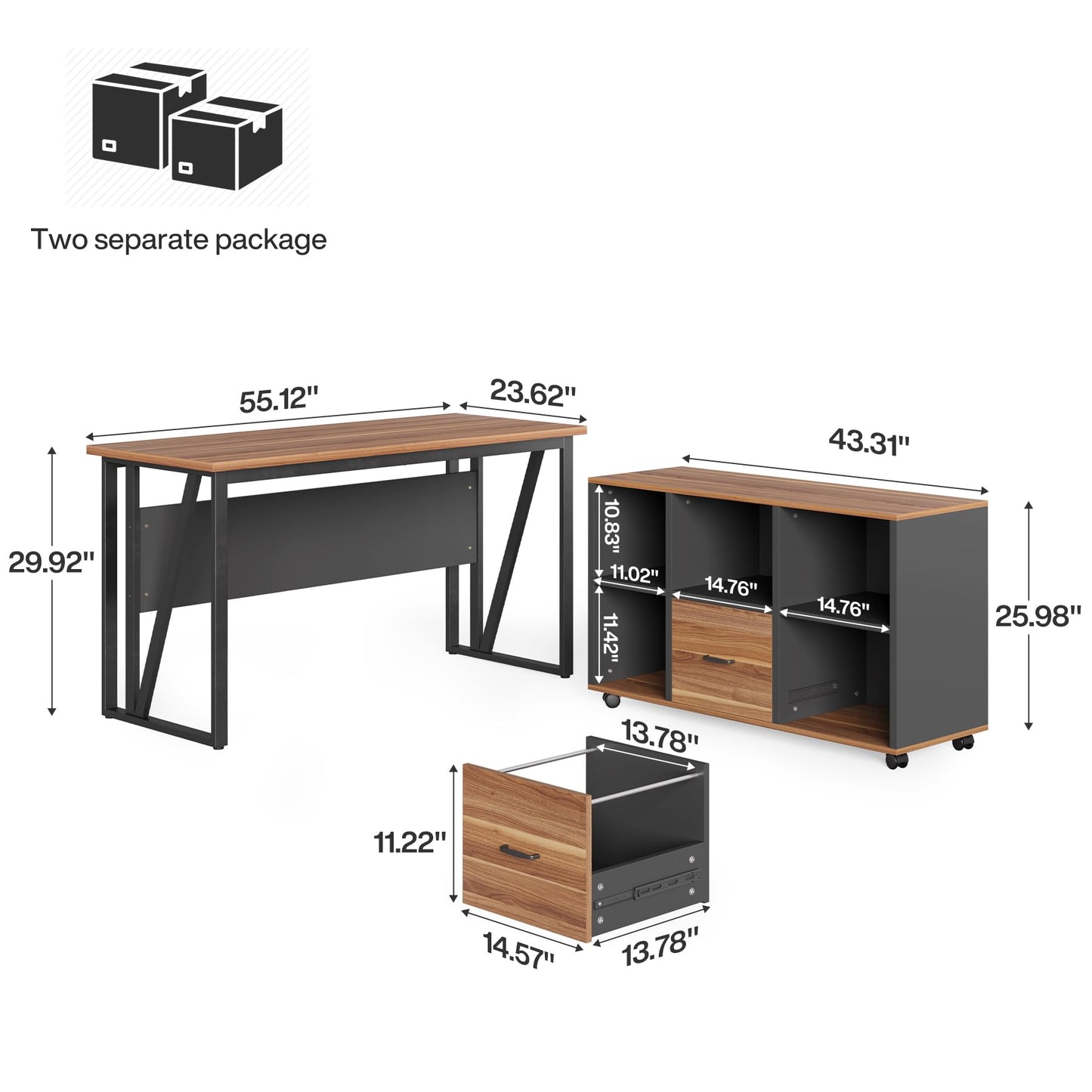 Tribesigns 55-Inch Executive Desk with 43" Mobile File Cabinet, L-Shaped Computer Desk with Drawers & Shelves, Large Industrial Home Office Desk Set with Storage, Brown & Black