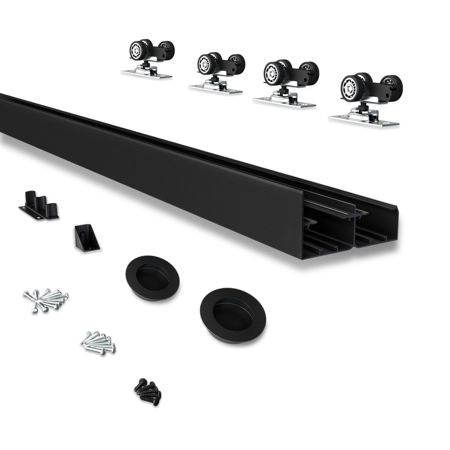 JUBEST 4FT Heavy Duty Bypass Door Hardware with Finger Pulls,Sturdy Aluminum Sliding Closet Door Track for 2 door System,Quietly and Smoothly,Fit Door Thickness 1 3/8" or 1 3/4",Easy to Install, Black