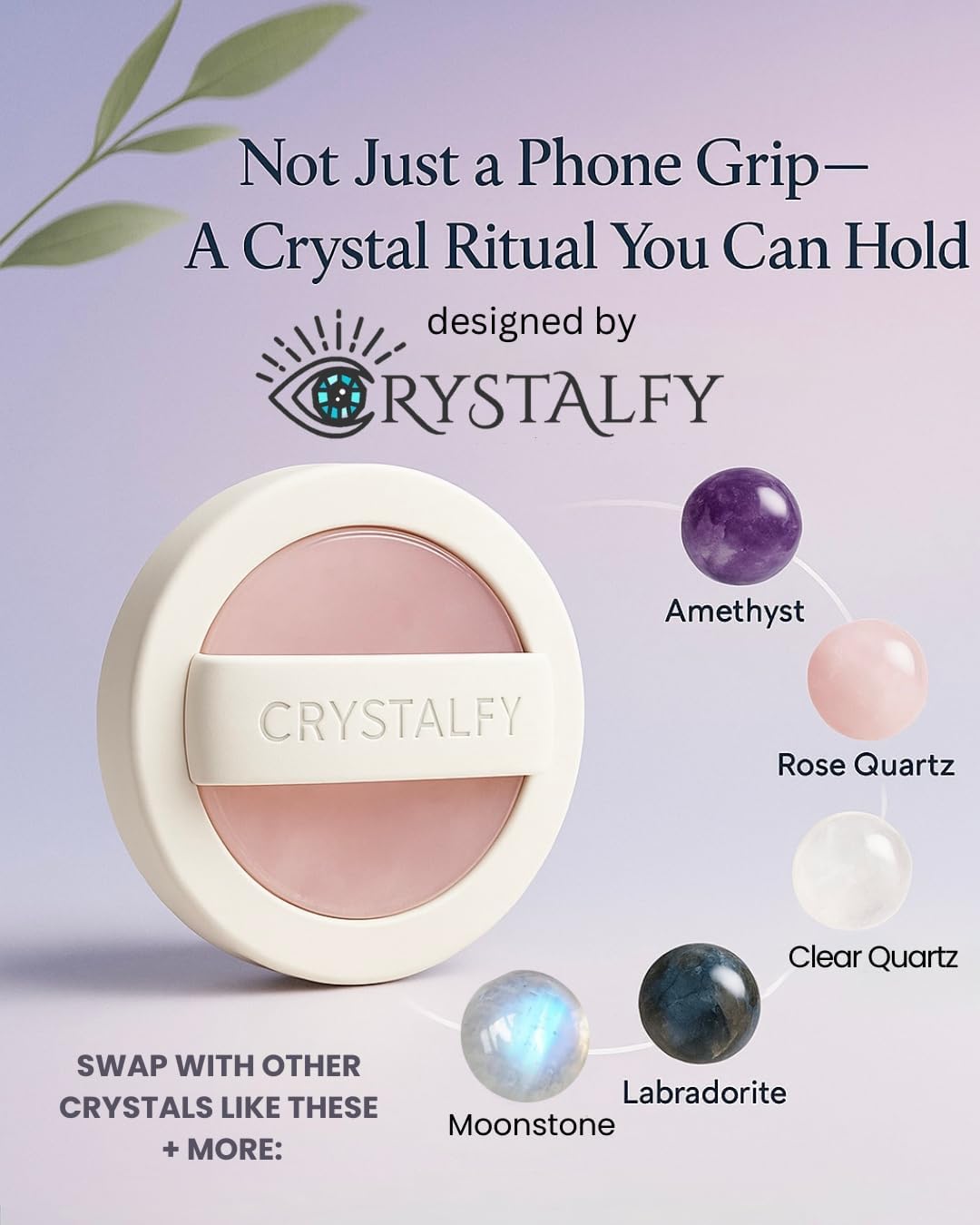CRYSTALFY Grips by Rose Quartz Crystal Magnetic Phone Ring Grip Silicone Slim Phone Holder with Swappable Natural