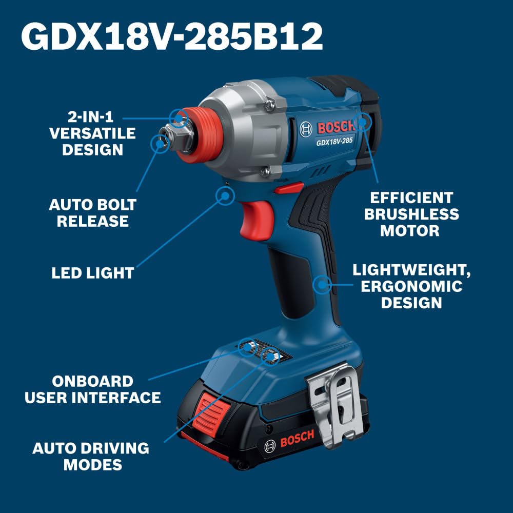 BOSCH GXL18V-241B22 18V 2-Tool Combo Kit - Includes 1/2 In. Hammer Drill/Driver, 2-in-1 Impact Driver/Wrench, (2) 2 Ah Batteries, Charger, Belt Clips, and Carrying Bag