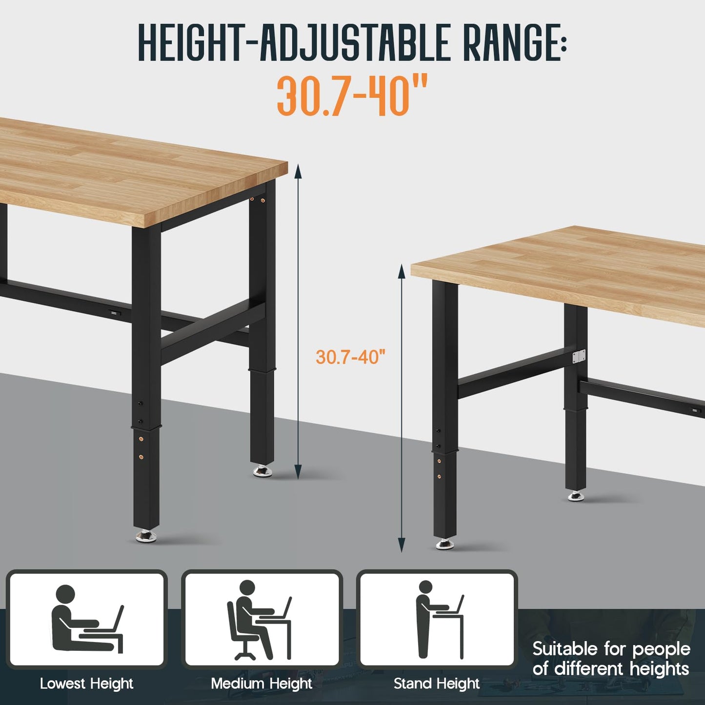 SPECRAFT 72x24 Folding Workbench, Adjustable Foldable Workbench with 2000 LBS Capacity, 30.7"-40" Height, Rubber Wood Top for Garage, Workshop, Office