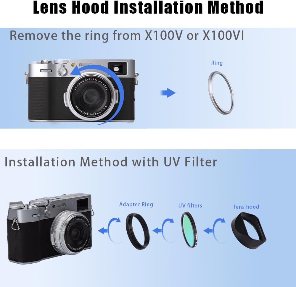 49mm X100V/X100VI (X100VI-Lens Metal Square Lens Hood (with Cap) with Adapter Ring for Fujifilm Camera Accessories