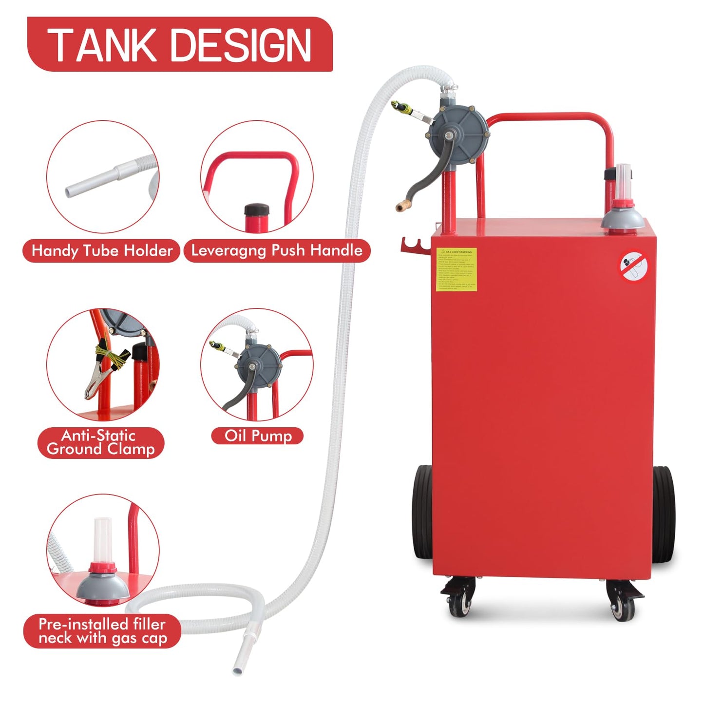45 Gallon Fuel Caddy, Gas Storage Tank on 4 Wheels, Portable Gas Caddy with Manual Transfer Pump, Gasoline Diesel Fuel Container for Cars, Lawn Mowers, ATVs, Boats, Motorcycle (Red)