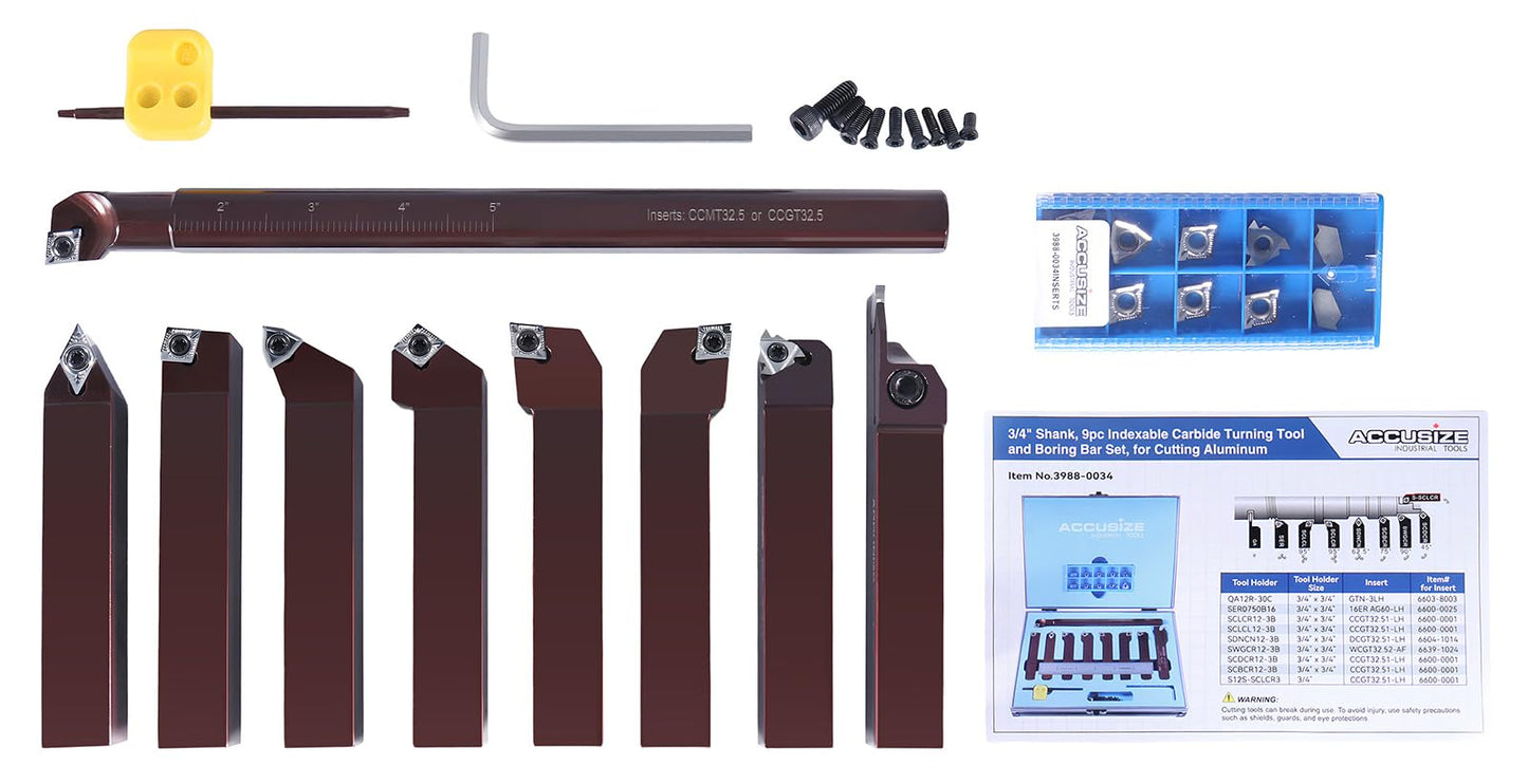 Accusize Industrial Tools 3/4" Shank 9‑Piece Indexable Turning & Boring Tool Set, Uncoated Sharp‑Edge Inserts for Aluminum, 3988-0034