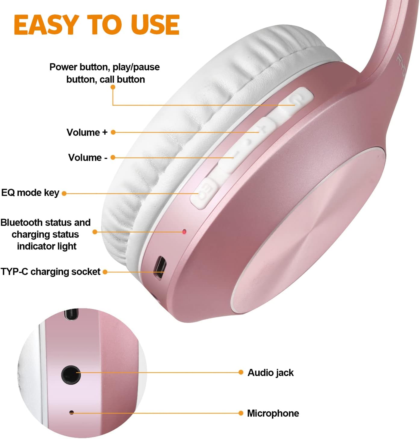 Rydohi 68H Headset 3EQ V5.3 Wireless Bluetooth Headphones Over Ear Playtime HiFi Stereo with Microphone and Modes