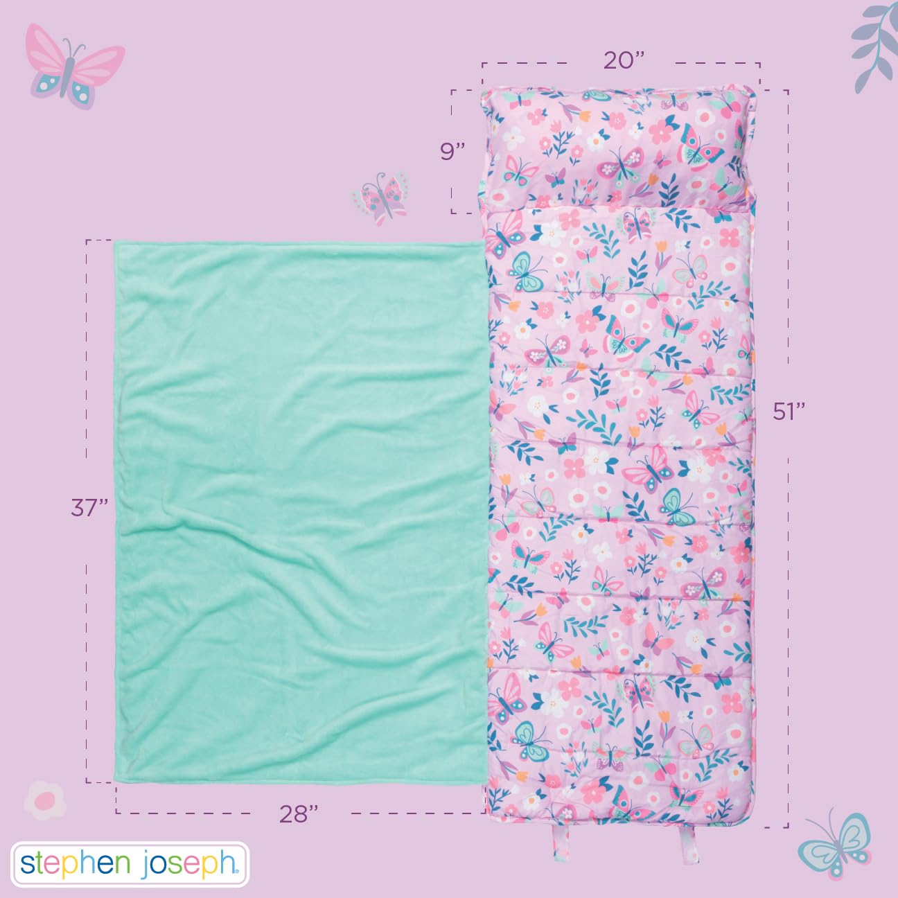 Stephen Joseph, Toddler All Over Print Nap Mat with Soft Blanket and Removable Pillow for Boys & Girls, Kids Sleeping Bag for Elementary, Daycare, Preschool with Carry Handle, Pink Unicorn
