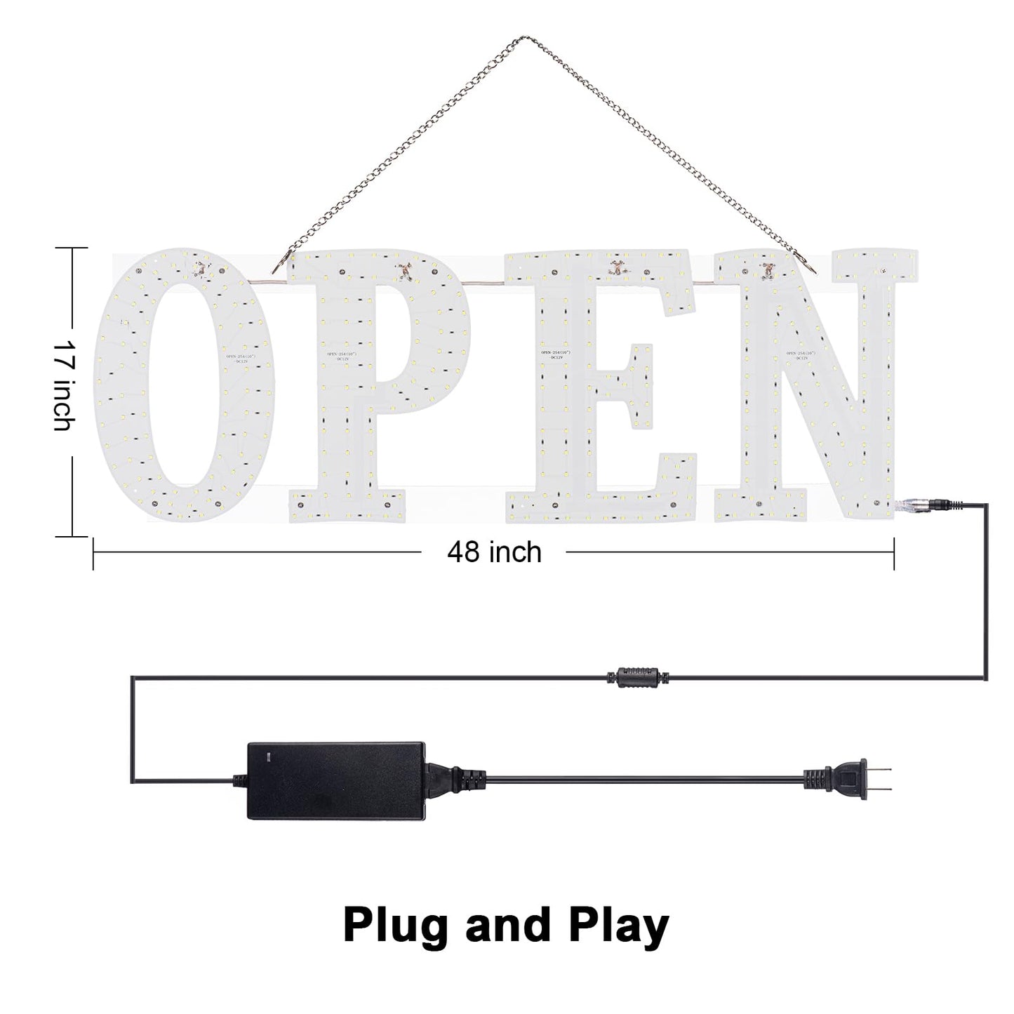 48"x17" Super Large LED Open Signs for Business with Remote Controlled, 10 Levels Brightness Adjustable Unique Design Super Bright with Chain, High Visibility for Store Bar Retail Shops Salon Office