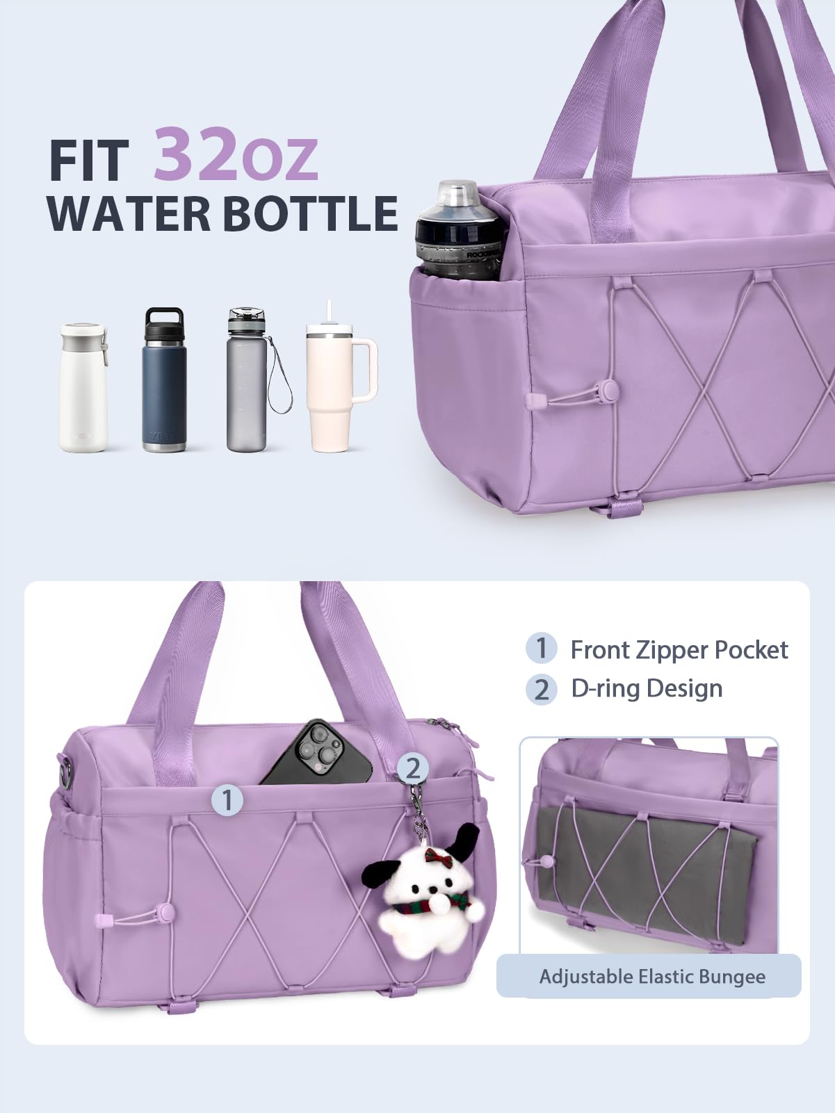 Small Gym Bag for Women with Yoga Mat Holder and Wet Compartment, Mini Gym Duffle Bag Yoga Bag with Water Bottle Pocket for Workout Travel, Purple