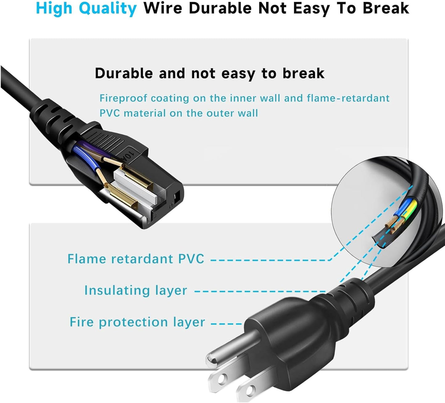 LIFKAHY 5ft 3 Prong Power Cord Replacement for HP Dell Acer Asus Lenovo Laptop Power Cable