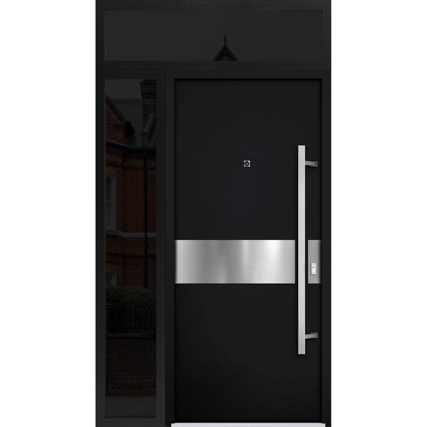 VDOMDOORS Front Exterior Prehung Steel Door/Deux 6072 Black Enamel/Side and Top Exterior Window Sidelite/Entry Metal Modern Painted W36+14" x H80+16" Left Hand Inswing