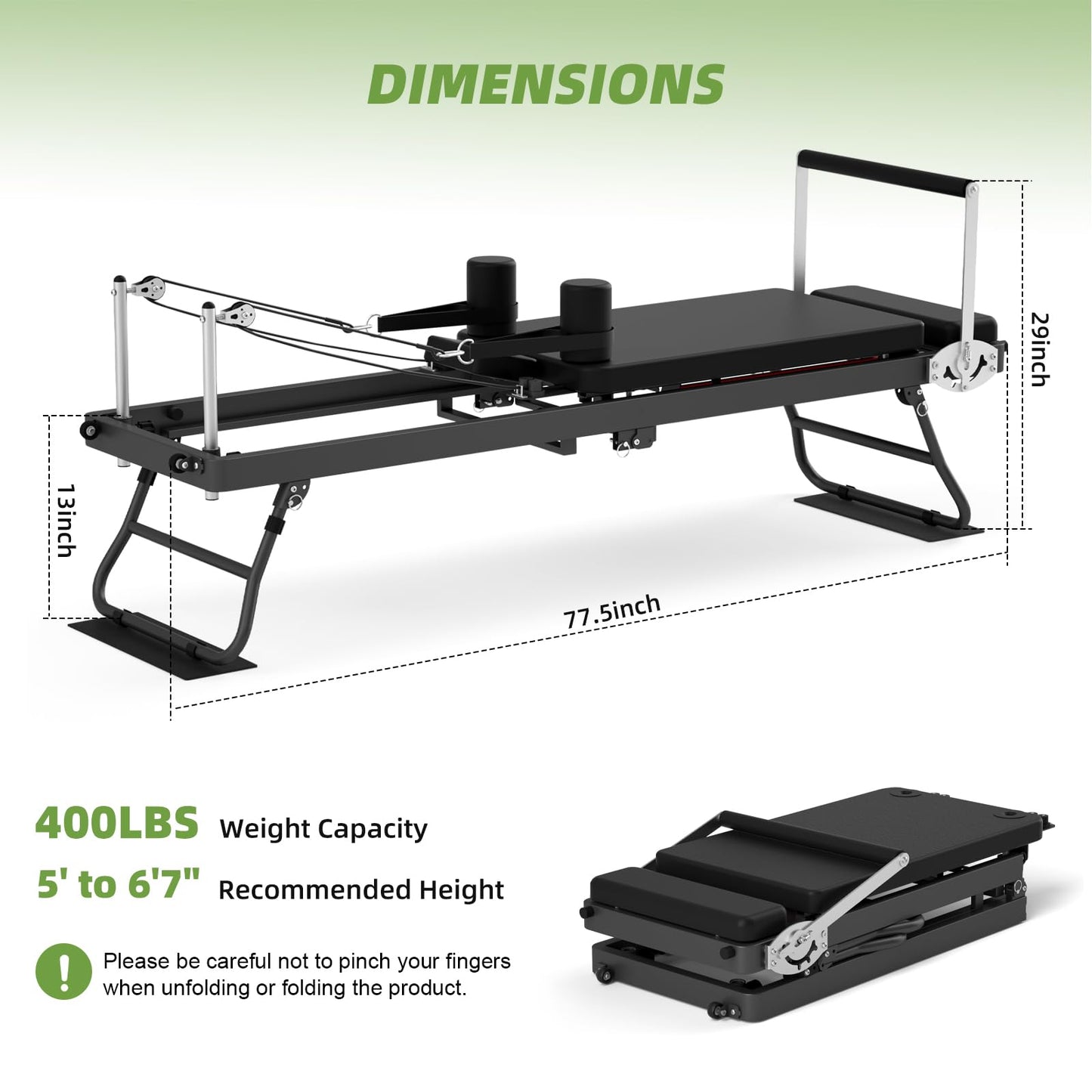 Foldable Pilates Reformer Machine for Home Gym, 77.5'' Pilates Reformer Bed with 5 Adjustable Resistance Bands, Upgraded Rope Adjuster System Supports 400lbs, Professional Pilates Equipment