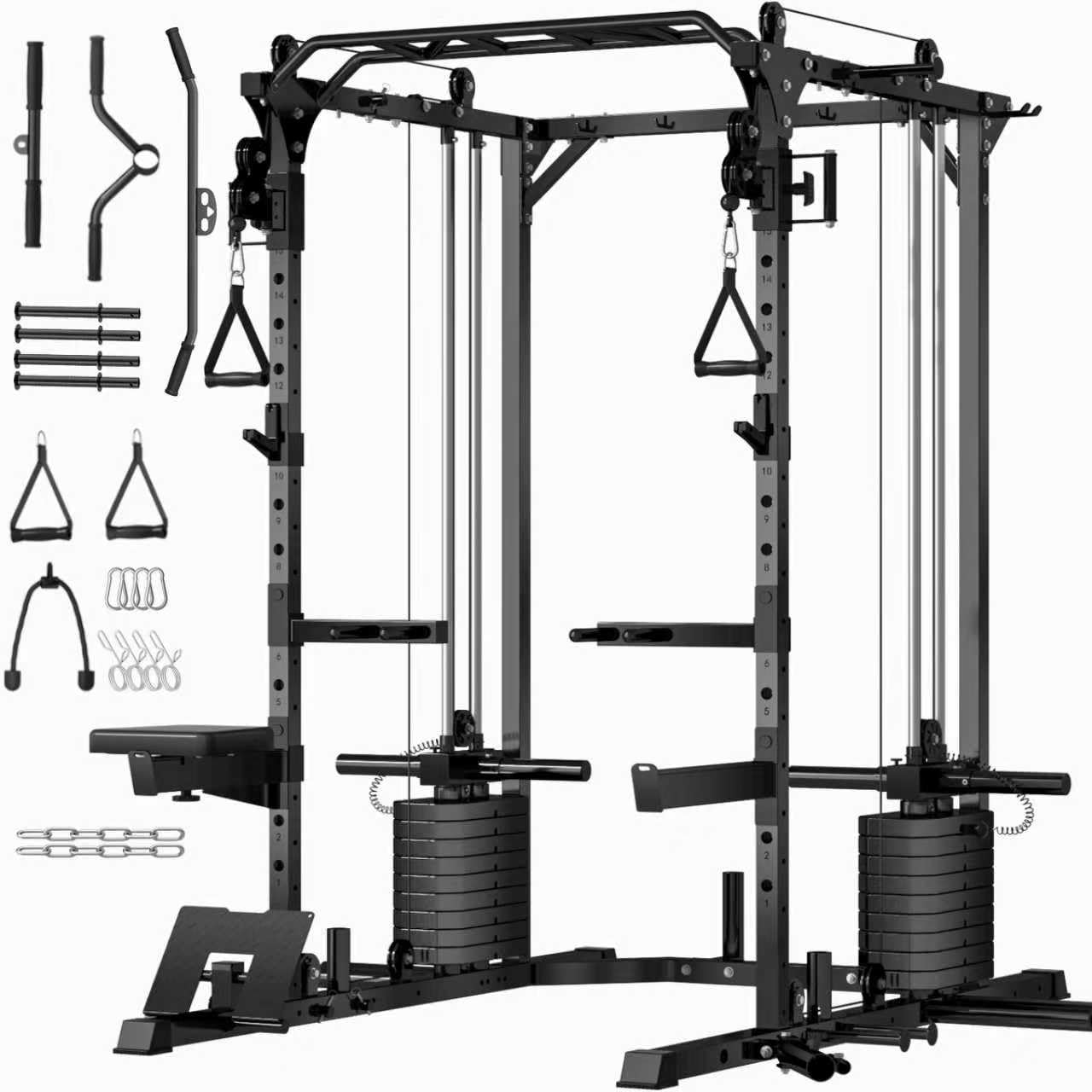 JEEKEE Power Cage with Cable Crossover System, 2200LB Heavy Duty Power Rack with Dual Pulley, 180LB Weight Stack, LAT Pulldown, 20+ Attachments for Home Gym,Black