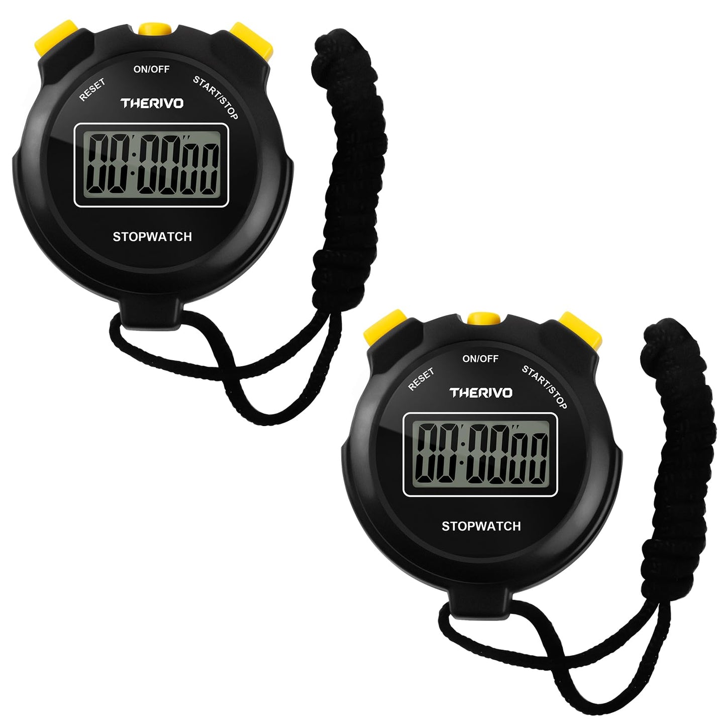 Therivo 2 Pack Digital Simple Silent Stopwatch Timer: Basic Stopwatch Only (No Laps), Easy to Use, Read, and Carry with Intuitive Buttons — On/Off, Large Display, Ideal for Kids, Sports, Coaches
