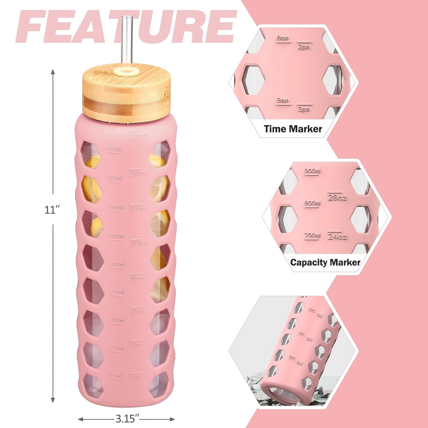 MUKOKO Glass Water Bottles, 32oz Glass Tumbler with Straw, Drinking Bottles with 2 Lids-Handle Spout Lid&Bamboo Straw Lid, Motivational Water Bottle with Time Marker and Silicone Sleeve, 1 Pack-Pink