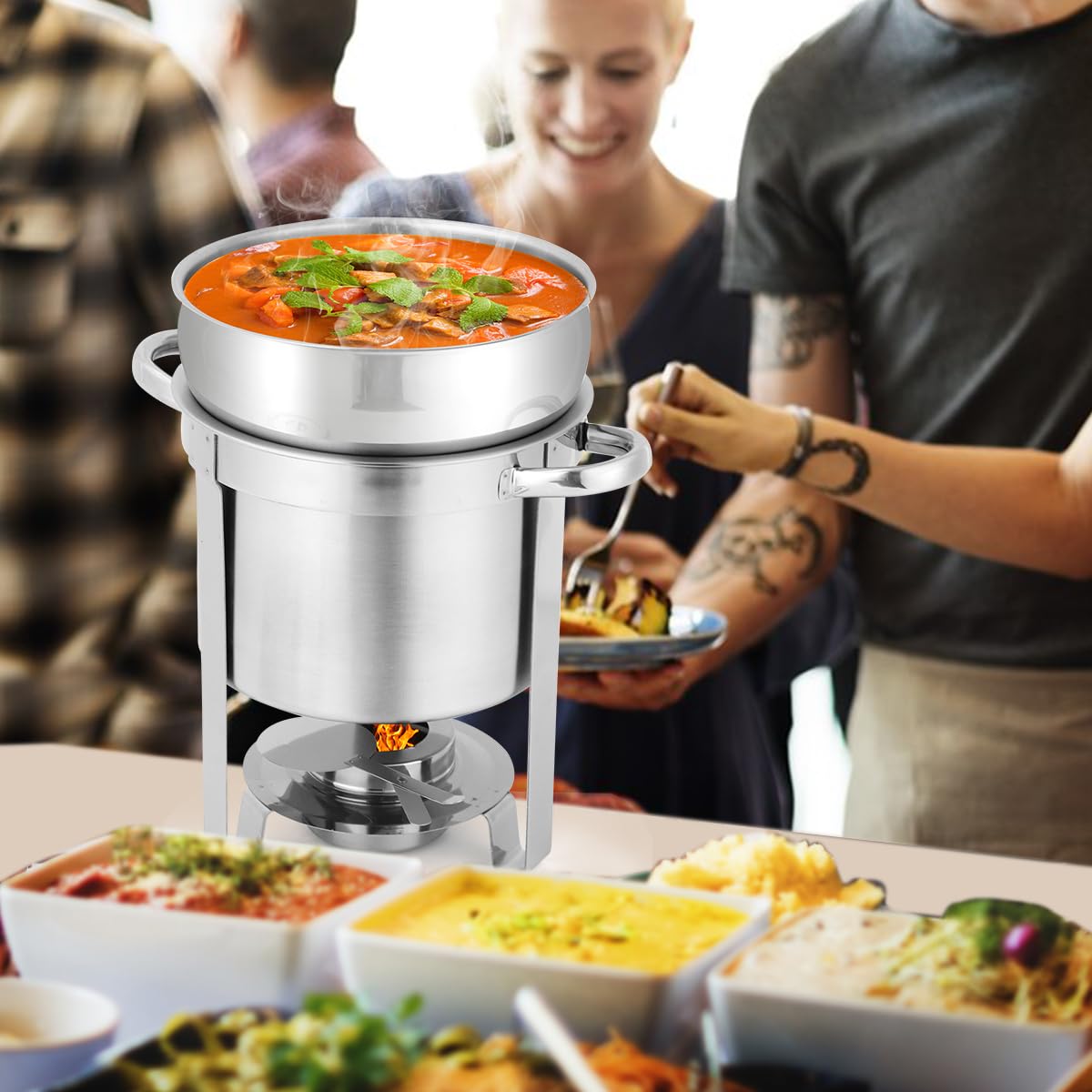 Snowtaros 7QT Soup Chafer, Stainless Steel Round Soup Warmer with Pot Lid & Fuel Holder, Commercial Soup Pot Chafing Dish for Catering, Parties, Banquets, Events, No Electricity Required (2 Pack)