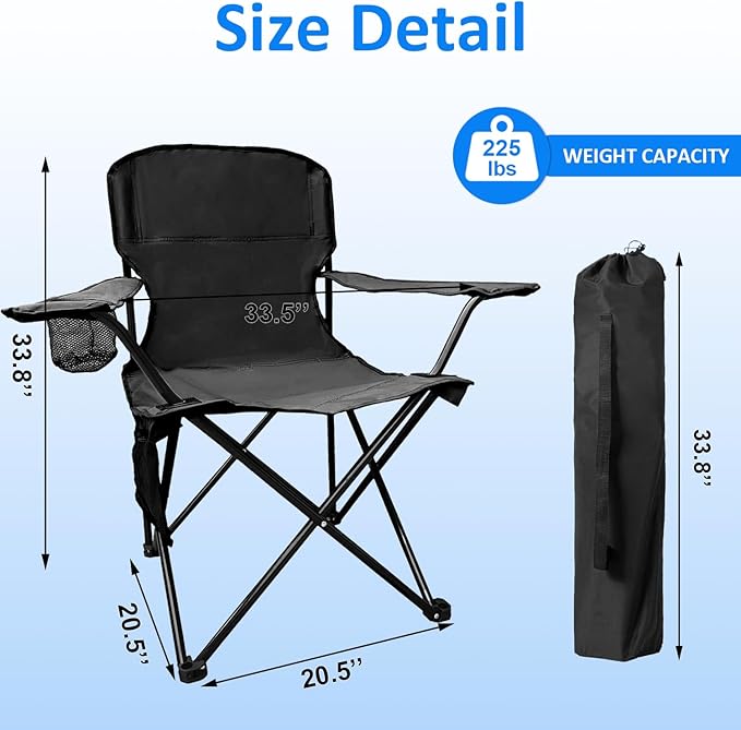 Folding Camping Chair, 225lb Capacity, Includes Cup Holder & Side Storage Bag, 5.5lbs Portable for Beach, Camping, Sport,2PCS Black