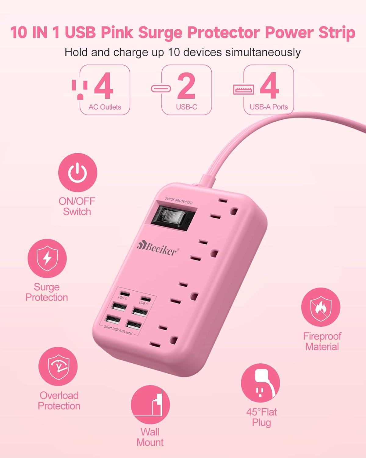 Beeiker 6 USB(2 5Ft 24W 4 USB C) Pink Extension Cord- Travel Power Strip with USB Charging Station and Outlets, Pink