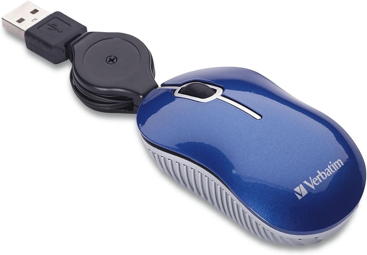 Verbatim 98616 Wired Optical Computer Mini USB-A Mouse - Plug & Play Corded Small Travel Mouse with Retractable Cable