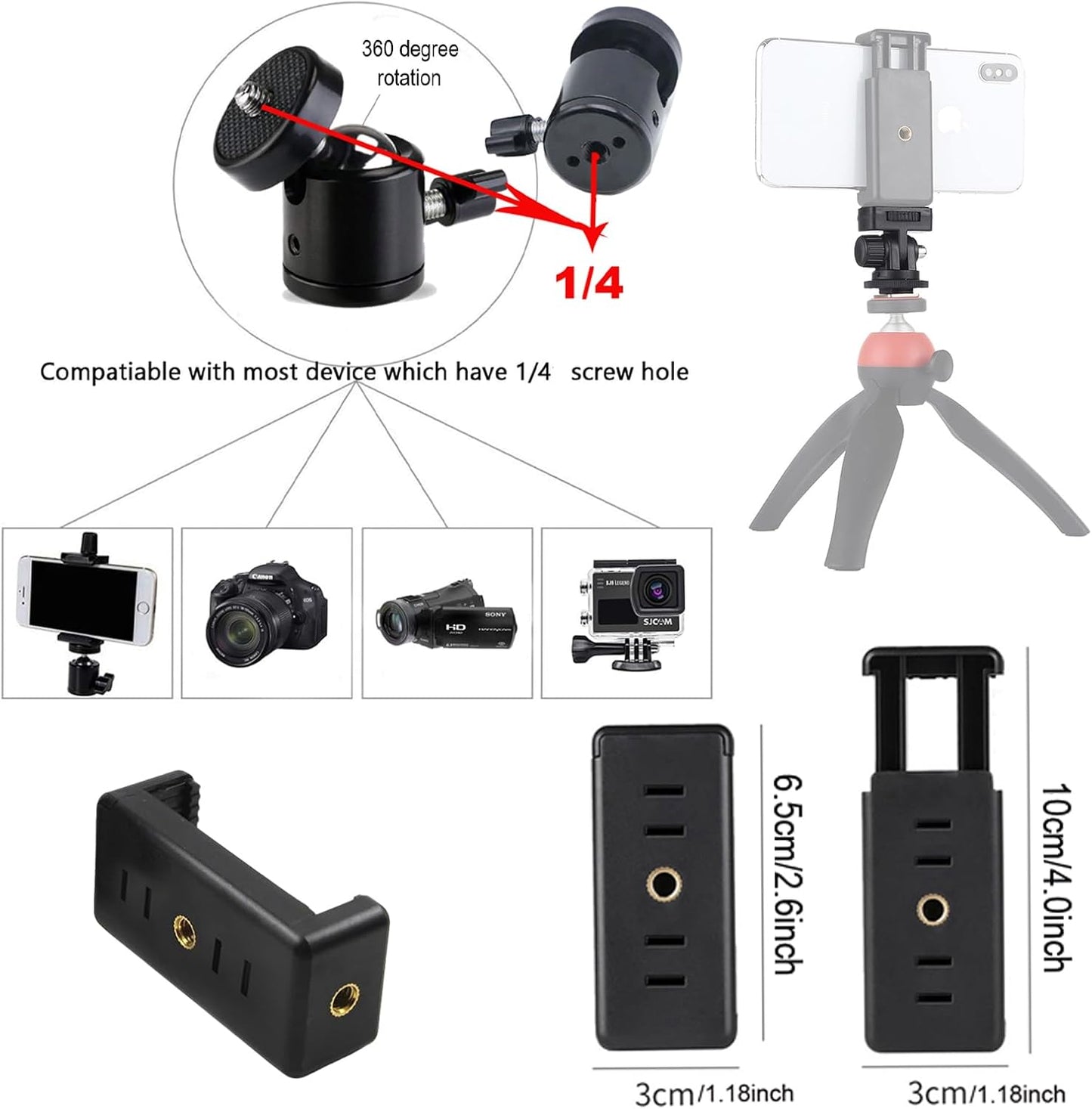 30Pack 1/4 3/8 Inch 1/4" Camera Tripod Screw Mount Kit to Adapter Threaded Converter Swivel Ball Head and Hot Shoe E
