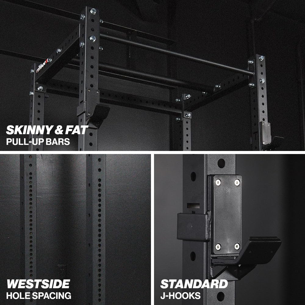 Titan Fitness X-3 Series Flat Foot Power Rack, 82" H x 30" D, 1,650 LB Rackable Capacity, Skinny & Fat Pull-Up Bars, Standard J-Hooks, for Home Garage Gym Weightlifting and Strength Training