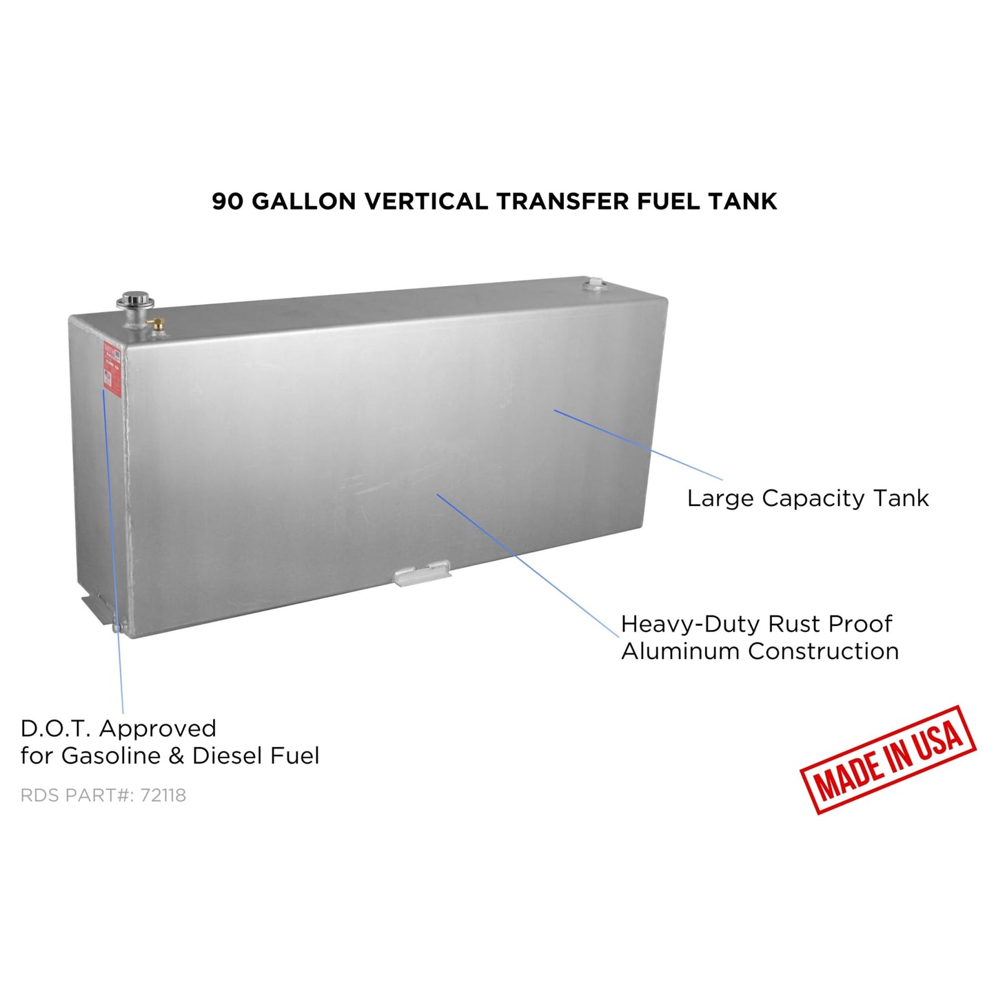 RDS MFG INC 72118 Vertical Transfer Fuel Tank - 90 Gallon Capacity 60" L x 14" W x 26" H, Silver Mill Finish Aluminum