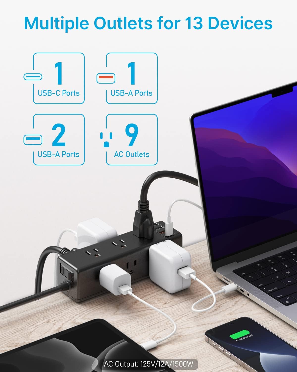 CCCEI 9 45W 4 1.6 inch Desk Clamp Power Strip with Outlets, Desktop Edge Mount Surge Protector with USB-A and USB-C