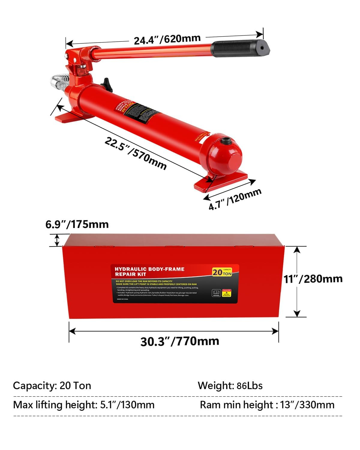 20 Ton Porta Power Hydraulic Jack Kit with Steel Case – Heavy Duty Hydraulic Ram Set for Auto Repair, Truck & Equipment Maintenance, 17-Piece Kit with Carrying Case, 44,000 Lbs Capacity, Max Lift 5.1"
