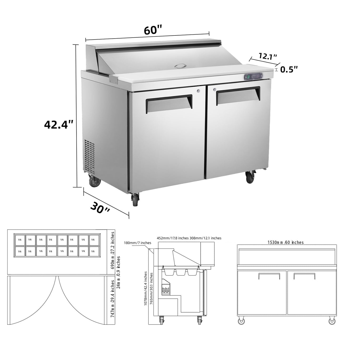 JINSONG 60" Refrigerator Sandwich & Salad Prep Table, Stainless Steel Refrigerated Food Prep Station, 16.4 cu. ft with Cutting Board and 16 Pans for Restaurants, Bar, Shops, etc