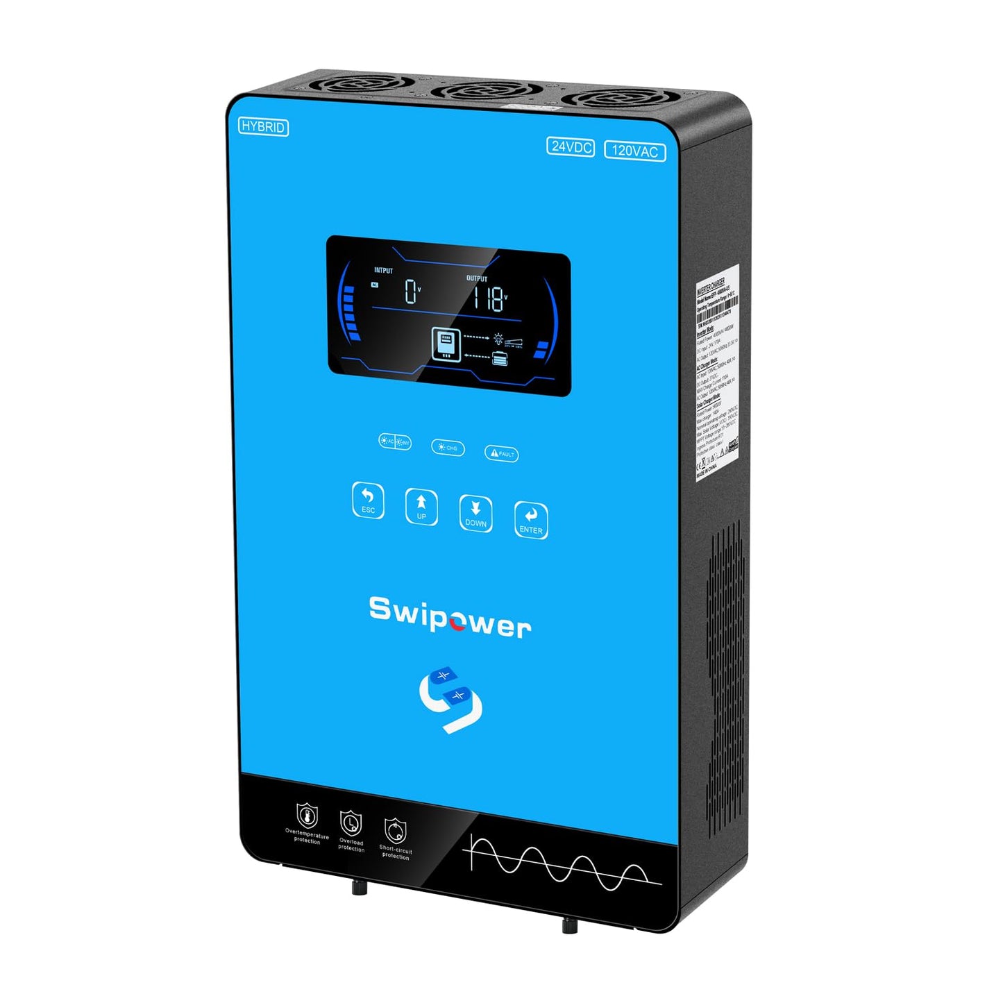 SWIPOWER 4000W Hybrid Solar Inverter 24V DC to 110V AC Pure Sine Wave, 6.25" Touch LCD with Glass Top, 140A MPPT Charge Controller, Home RV Cabin Use, Battery-Less/Lithium/AGM Compatible