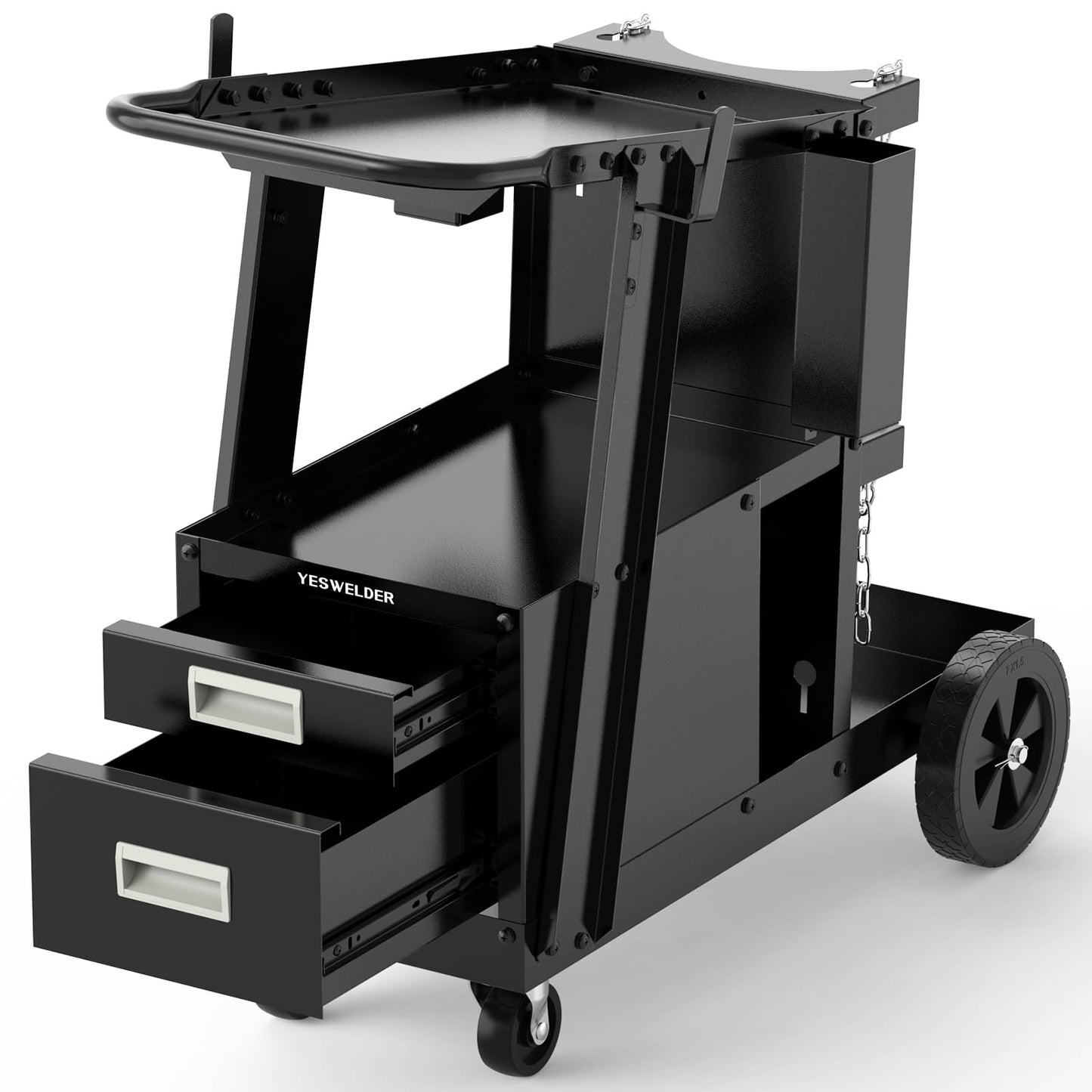 YESWELDER Welding Cart，2-Tier with 2 Drawers for MIG Welder TIG Welder and Plasma Cutter, Tank Storage Safety Chains, Heavy Duty Large Storage 360° Swivel Wheels Welding Trolley