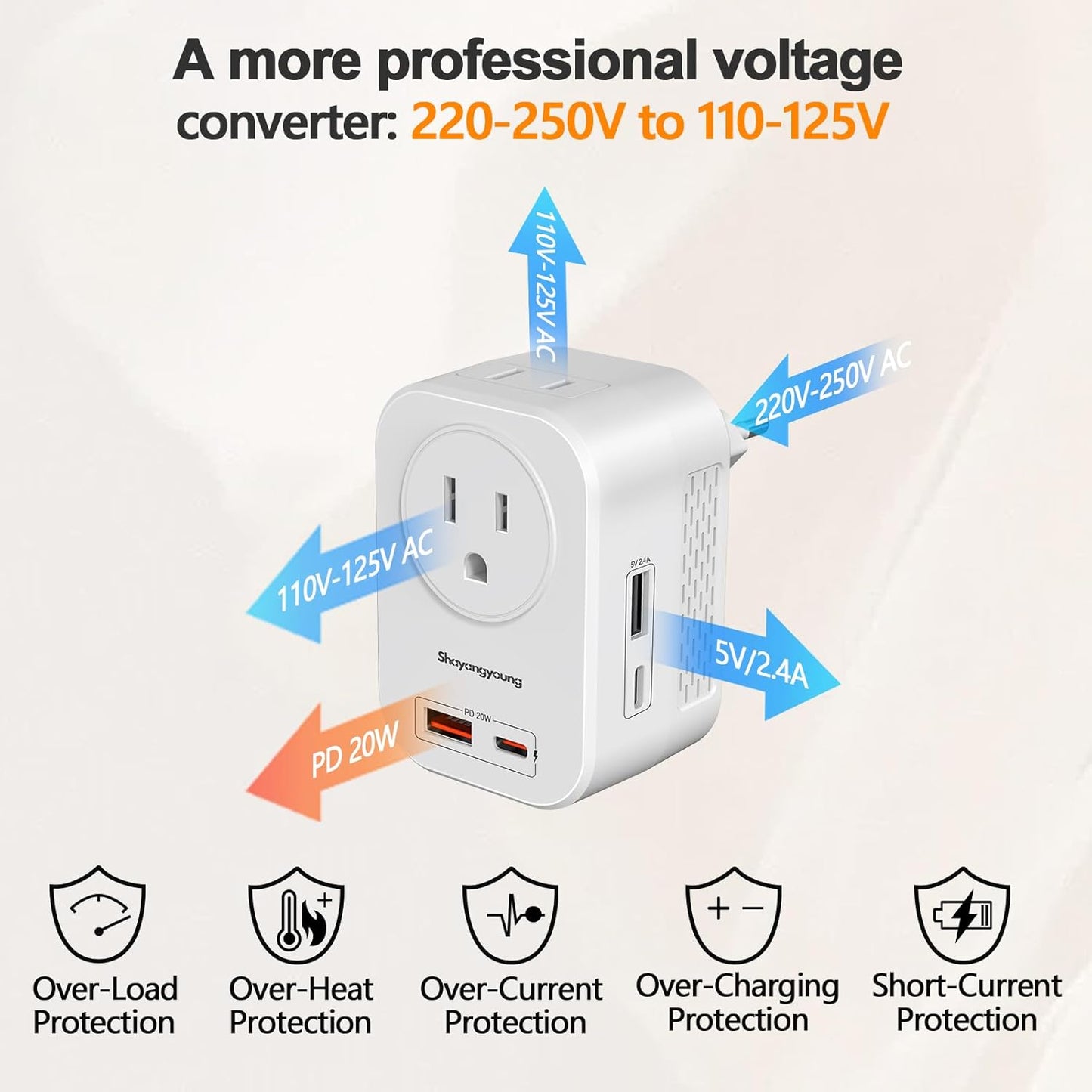Shayangyoung 220V 110V Adapter,20W 2 2 to Voltage Converter US to Europe International Universal Travel PD with USB A