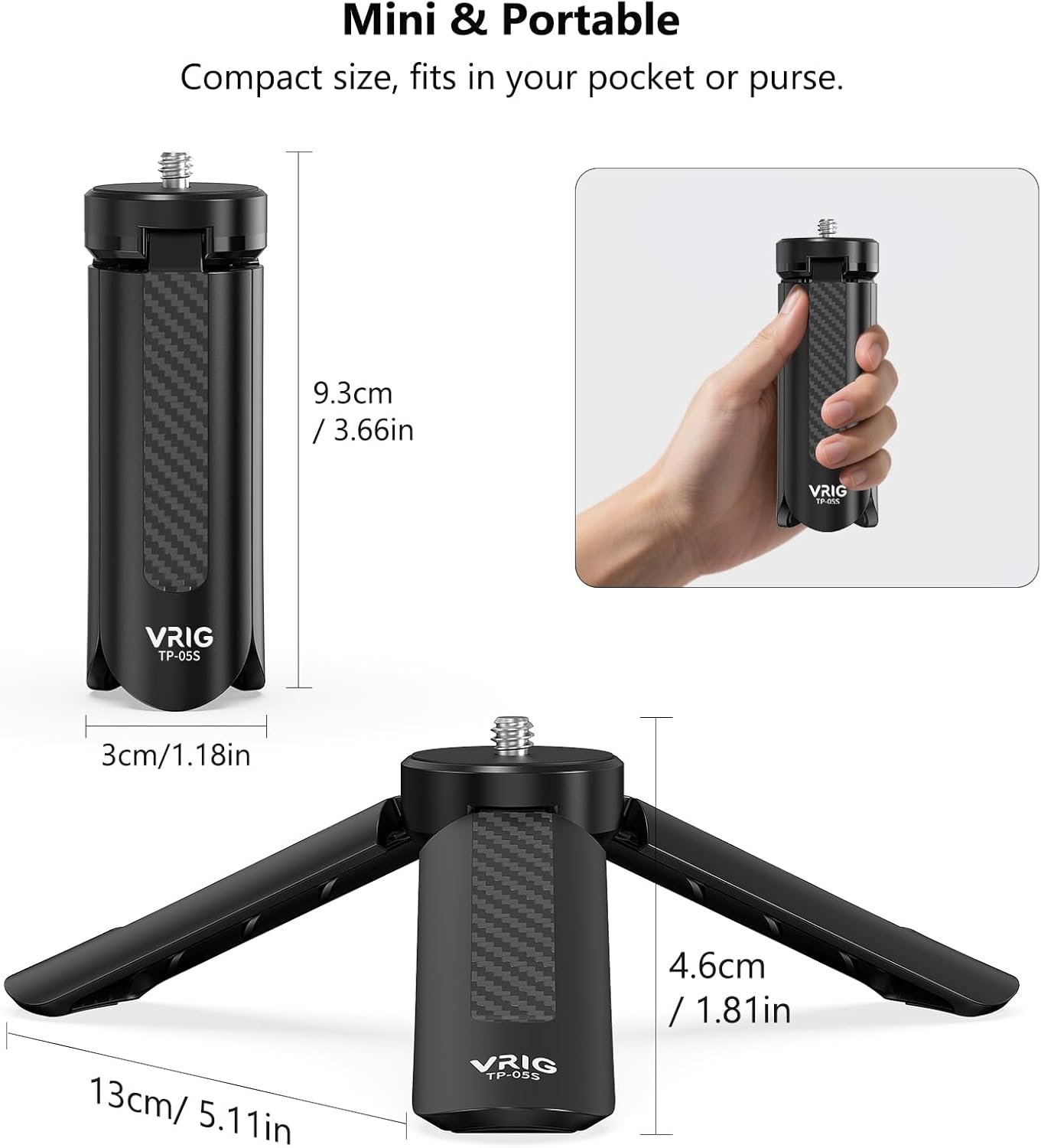 VRIG 1/4" 3/ 4 Mini Tripod with Screw, Desktop Tabletop Stand Compact Tripod for Gimbal Handle Grip Stabilizer, Camera