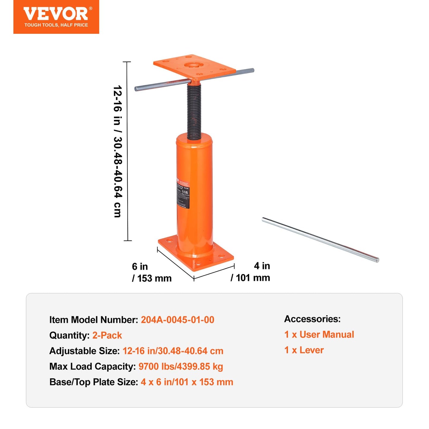VEVOR House Floor Jacks, 2 Pack, 12"-16" Height Range, 9700 lbs Max Load Capacity Per Unit, Adjustable Support Beam Basement Jack Post Pole for Leveling, Steel Telescoping Jack for Temporary Support
