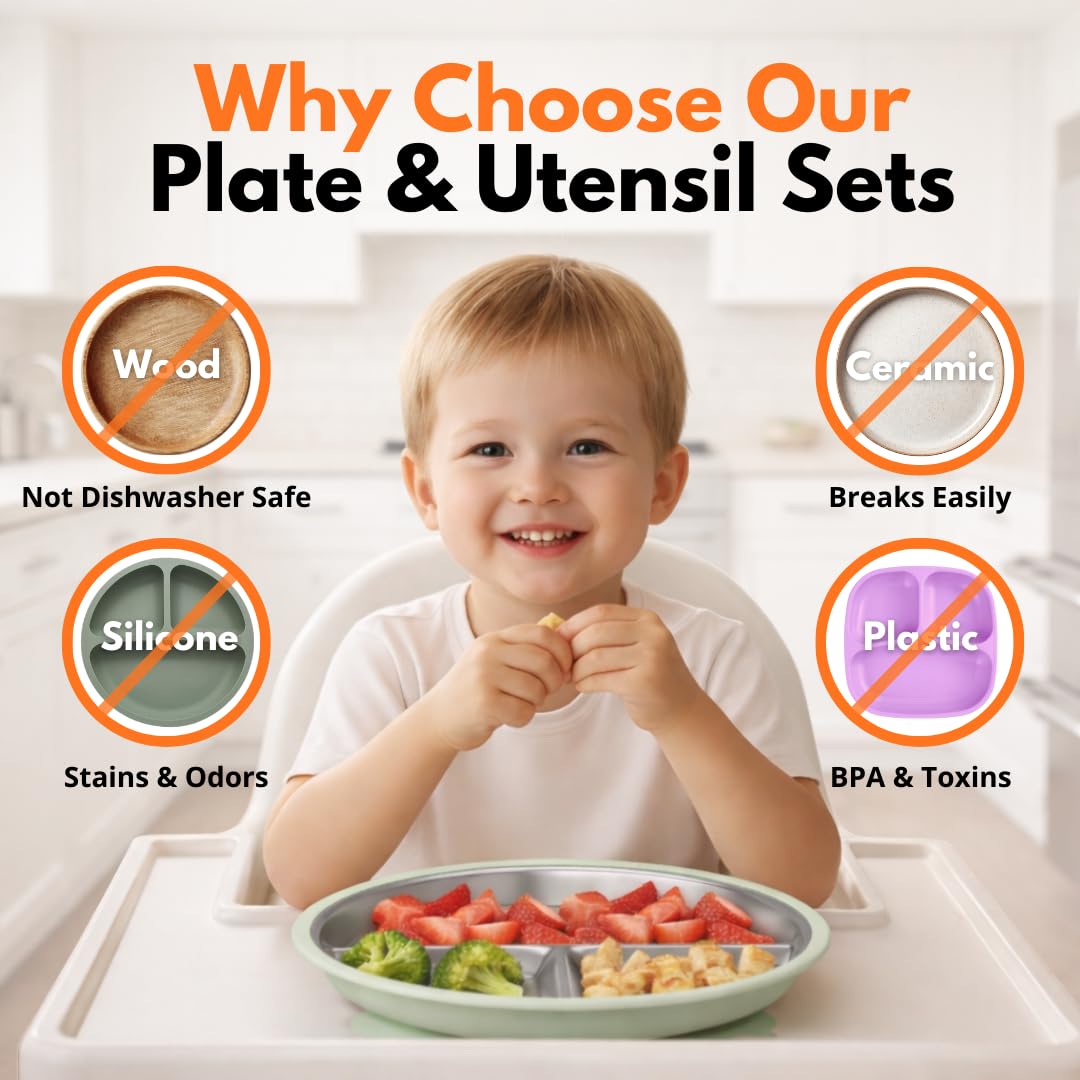 6-Piece Stainless Steel Divided Plates with Suction – Durable Toddler Dinnerware Set with Forks & Spoons – Mess-Free & Dishwasher Friendly