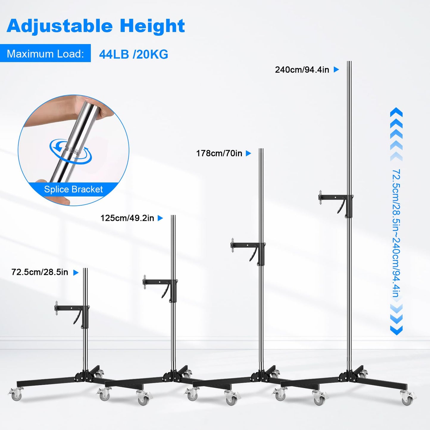 Heavy Duty Pistol Grip Stand, 2.5m/8.2ft Photography Rolling Light Stand with Casters & A Sliding Arm Max Loading: 20kg/44lb Stainless Steel for Photography Studio Monolight Softbox