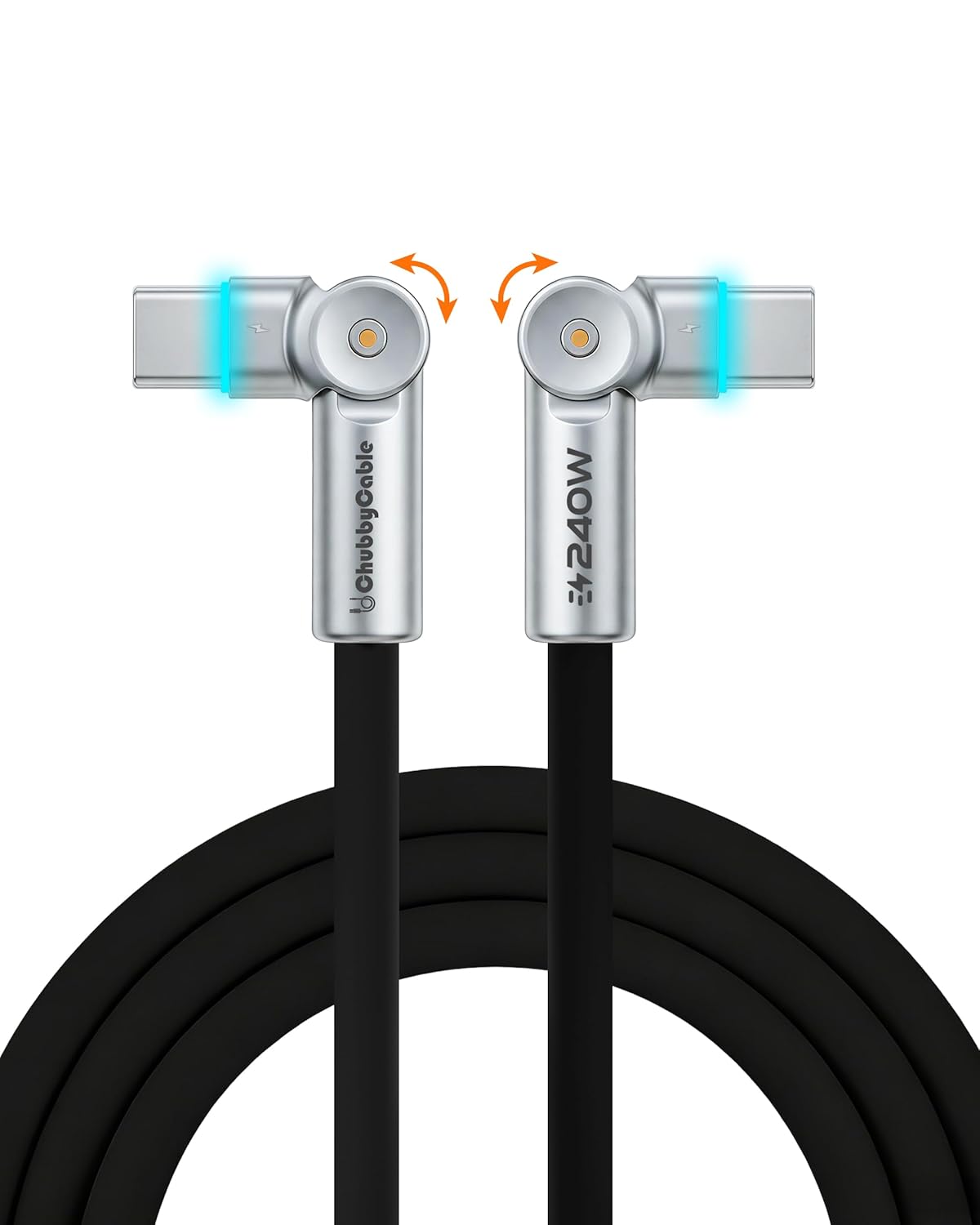 240W 180 6.6ft chubbycable Chubby RotateX Dual Rotating Fast Charging Cable with LED Light Soft Silicone USB C Cable