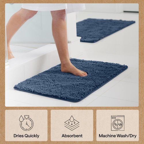 GORILLA GRIP Bath Rug Mat - Soft Absorbent Chenille | Quick-Dry Microfiber, 54x24, Navy Blue