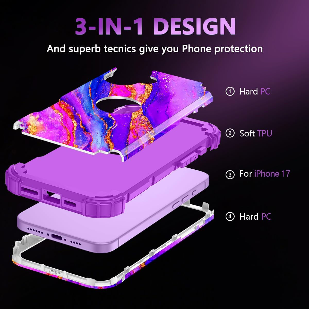 Casetego 17 17 6.3 inch,Purple for iPhone Case,Three Layer Heavy Duty Sturdy Shockproof Protection Full Rugged Hard