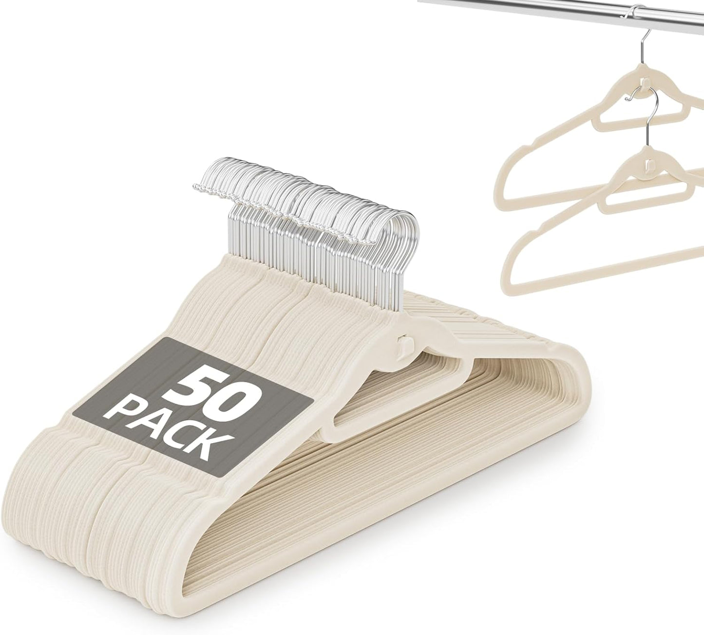 Velvet Hangers 50 Pack - Non-Slip Stackable Clothes Hangers with 360° Swivel Hooks | Ultra Thin Ivory Design