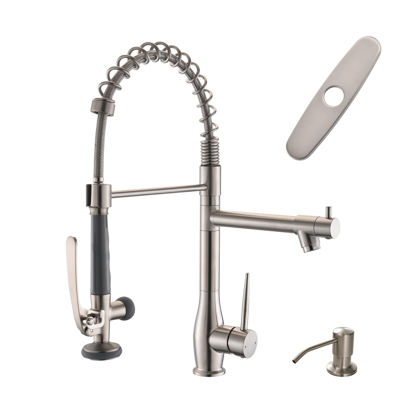 GIMILI Commercial Kitchen Faucet with Pull Down Sprayer, Double Headed Single Handle High Pressure Kitchen Faucet with Soap Dispenser Brushed Nickel